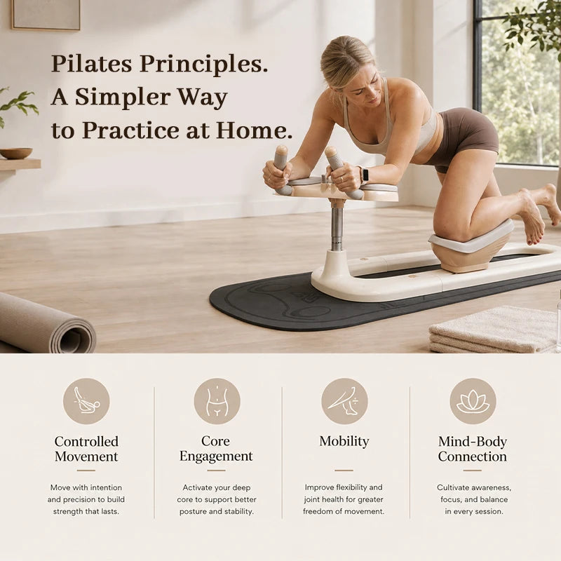 Pilates principles including controlled movement, core engagement, mobility and mind-body connection