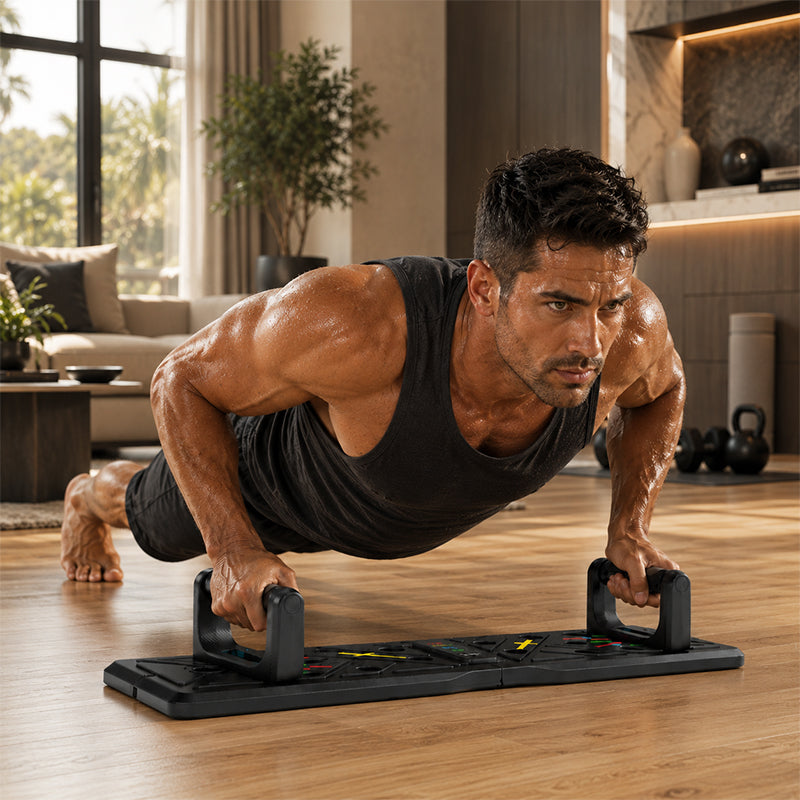 Man doing push-ups at home with push-up board