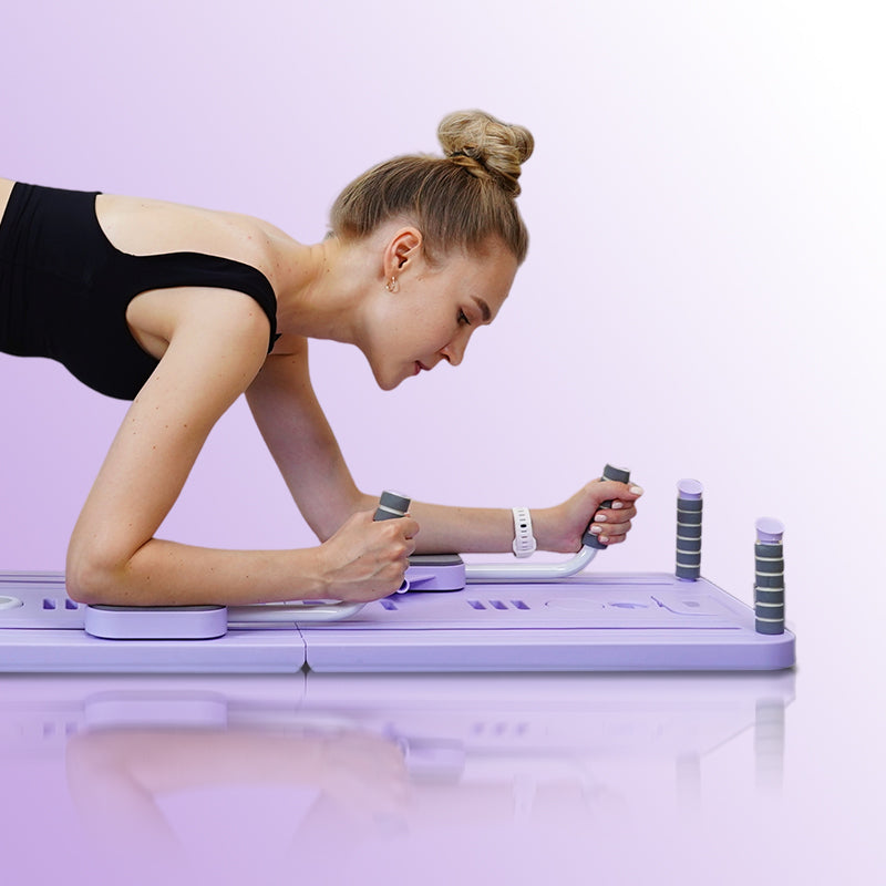 FlexiHome Pilates Board with close-up of woman using the board for effective workout