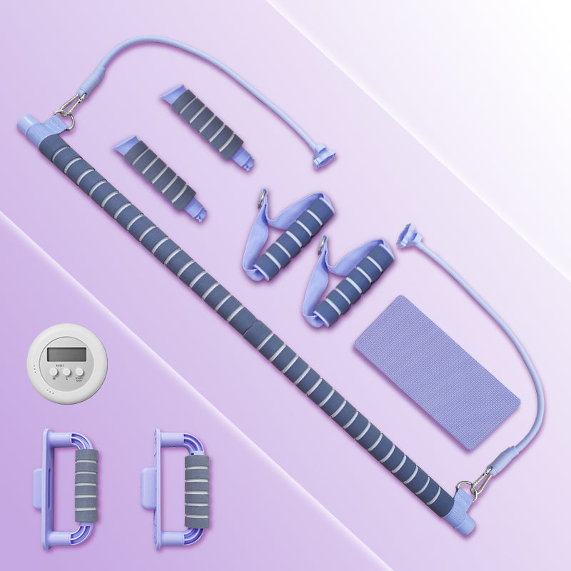 FlexiHome Pilates Board with all accessories including handles, yoga stick, timer, and kneeling pad for versatile home workouts