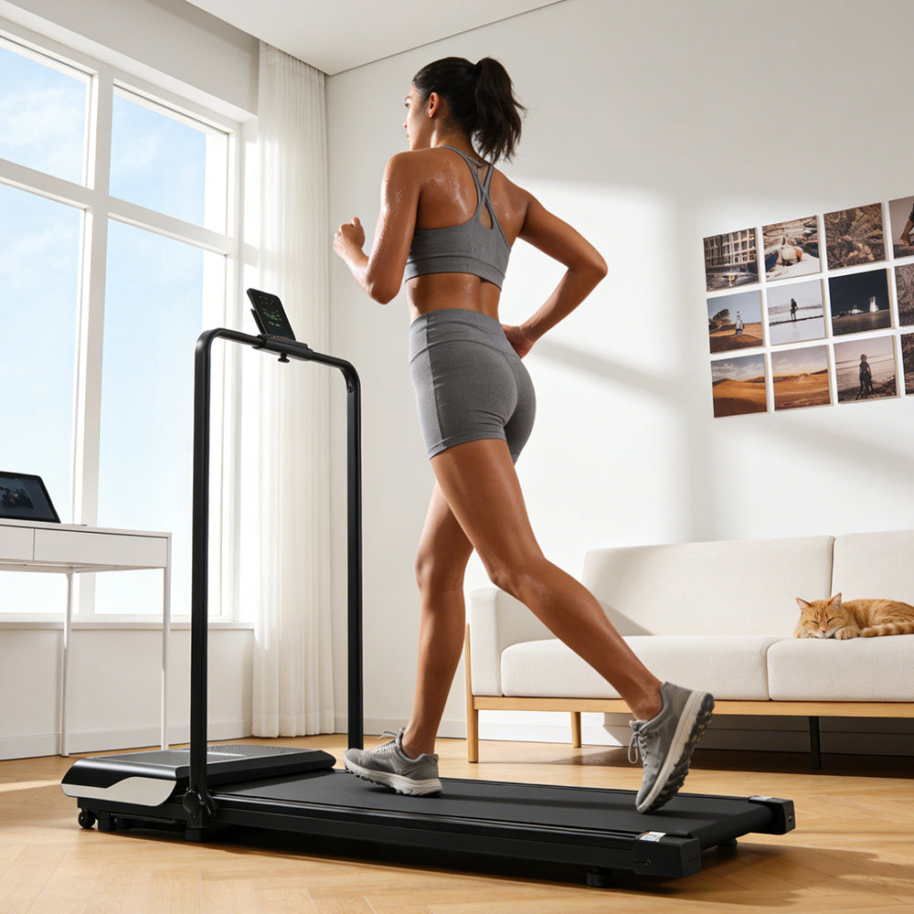 Model jogging on walking treadmill indoors
