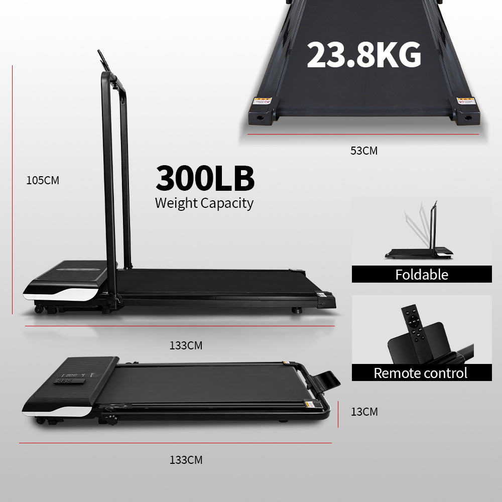 Walking treadmill showing dimensions and foldable handlebars
