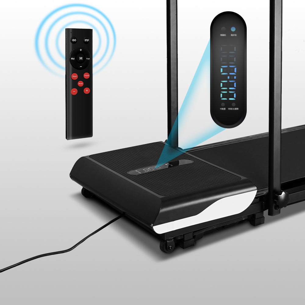 Walking treadmill close-up showing remote control and LCD display panel
