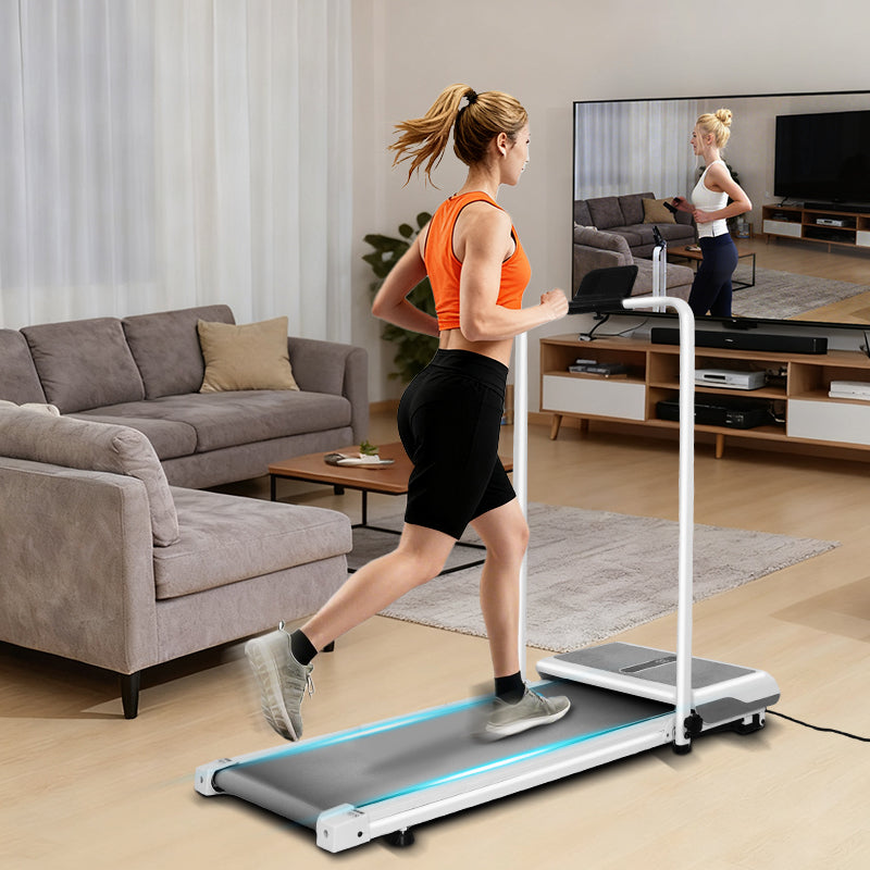 Female model walking on FlexiHome Walking Pad SDJ-DDZP01 in a cozy living room setting, demonstrating home fitness convenience and modern interior design. SKU: SDJ-DDZP01.