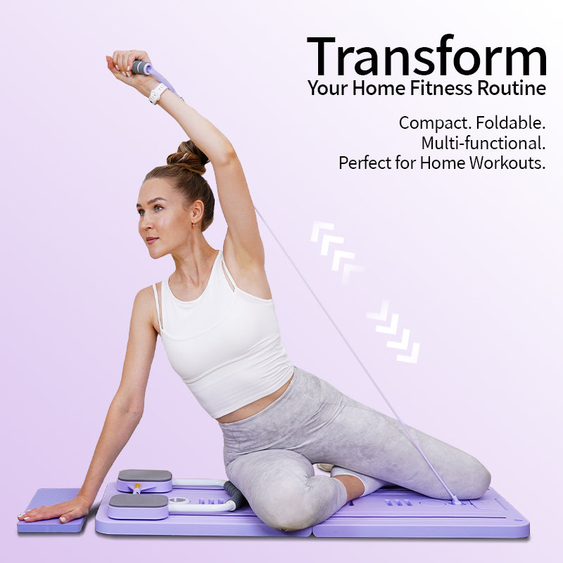 Woman using FlexiHome Pilates Board demonstrating easy operation, compact storage, and versatile home workout functions