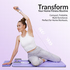 Woman using FlexiHome Pilates Board demonstrating easy operation, compact storage, and versatile home workout functions
