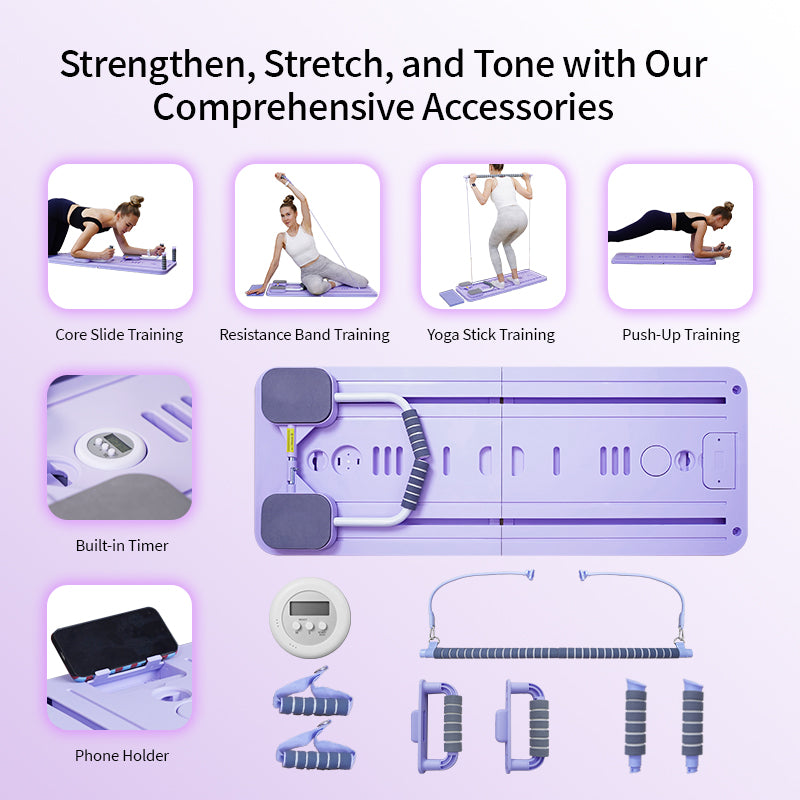 FlexiHome Pilates Board with all accessories displayed, showcasing full range of compatible exercises and home workouts