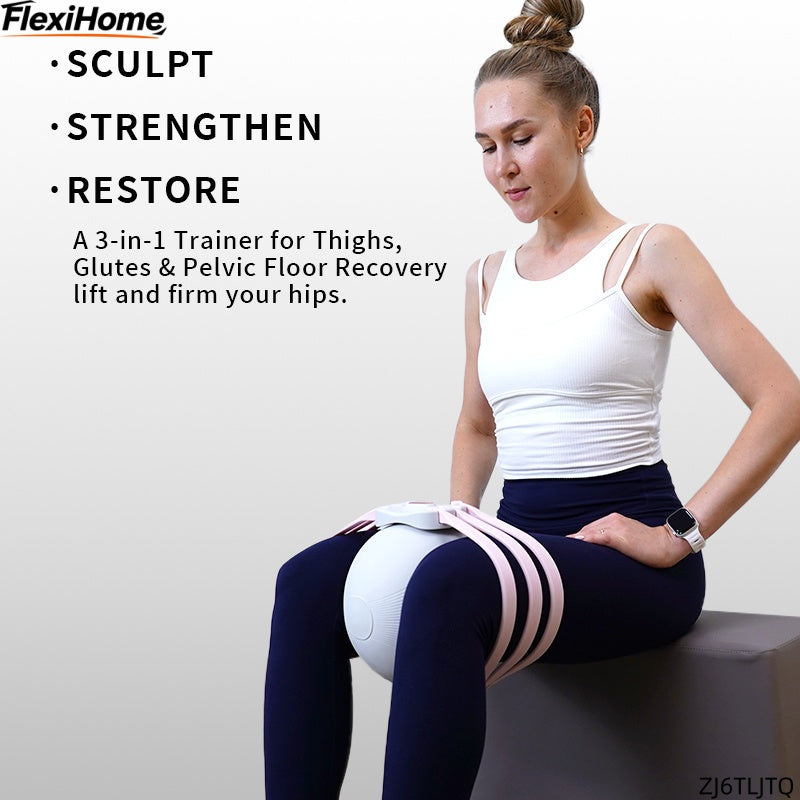 FlexiHome ZJ6TLJTQ 3-in-1 thigh, glute, and pelvic floor trainer for sculpting, strengthening, and restoring muscles, shown in use by a seated woman.