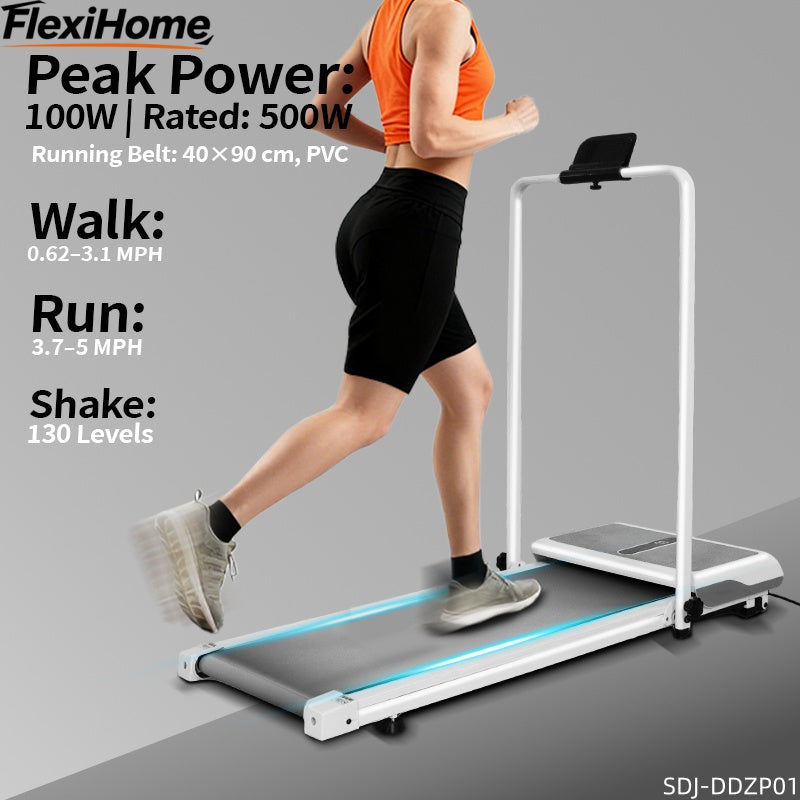 FlexiHome Walking Pad Treadmill SDJ-DDZP01 product specs showing power, belt width, and multi-mode speed and intensity for walking, running, and fat-burning at home