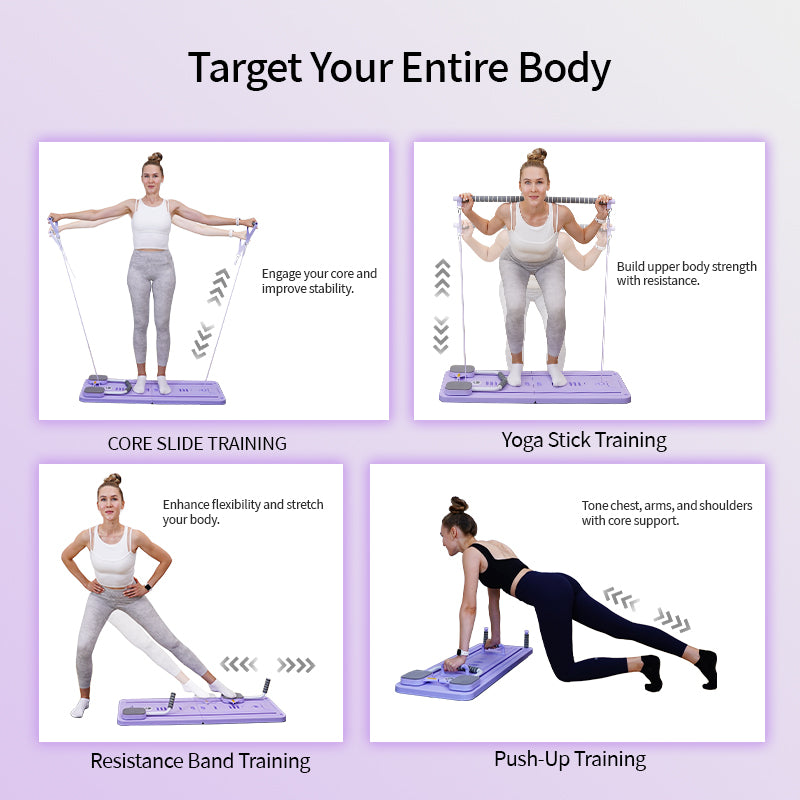 FlexiHome Pilates Board with multiple accessories for versatile full-body home workouts