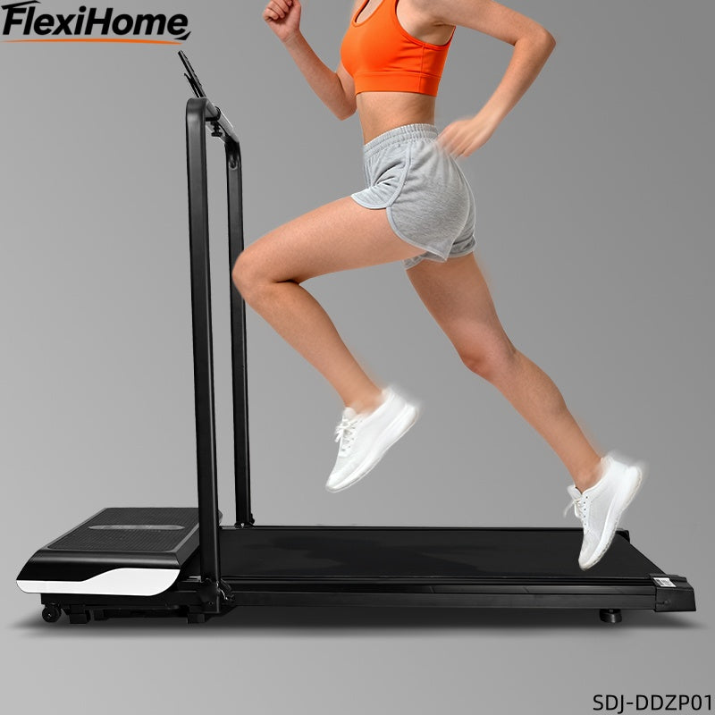 Side view of FlexiHome SDJ-DDZP01 treadmill showing its slim design, foldable structure, and compact profile for easy home fitness use.