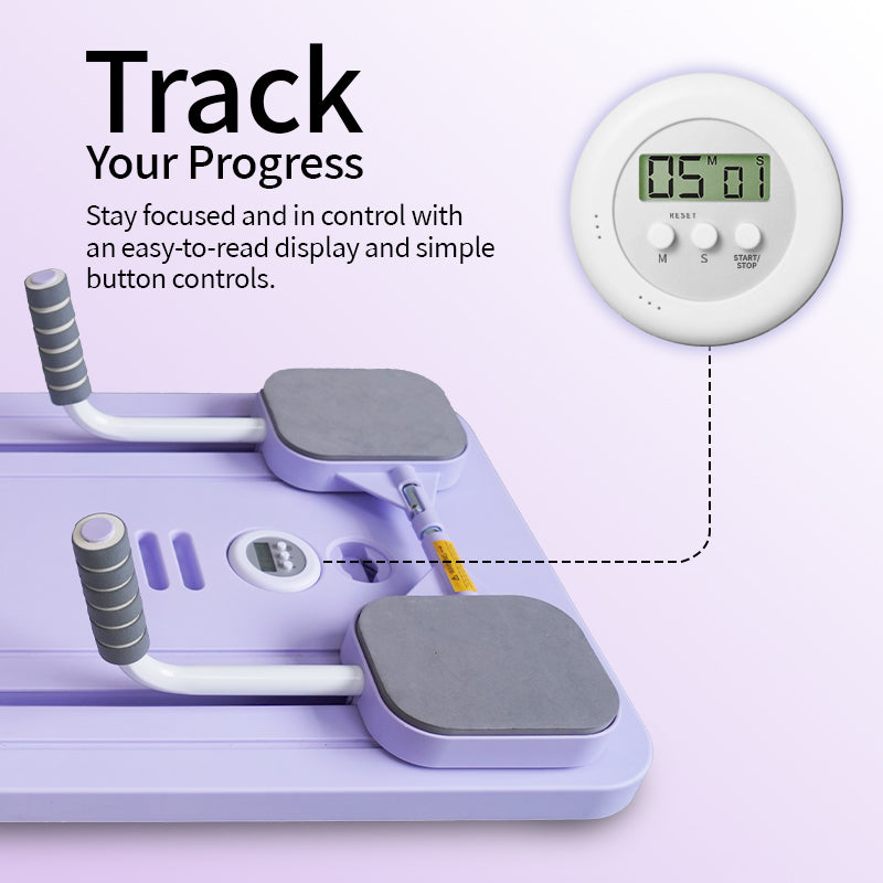 FlexiHome Pilates Board with built-in timer displaying real-time exercise duration
