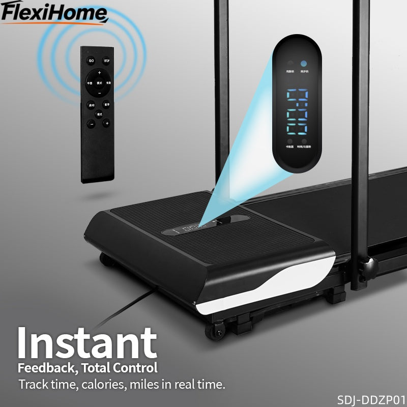 FlexiHome Walking Pad Treadmill SDJ-DDZP01 with remote control and LCD display showing workout time, calories burned, and distance for home fitness