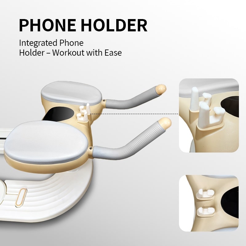 Waist trainer machine showing built-in phone holder feature
