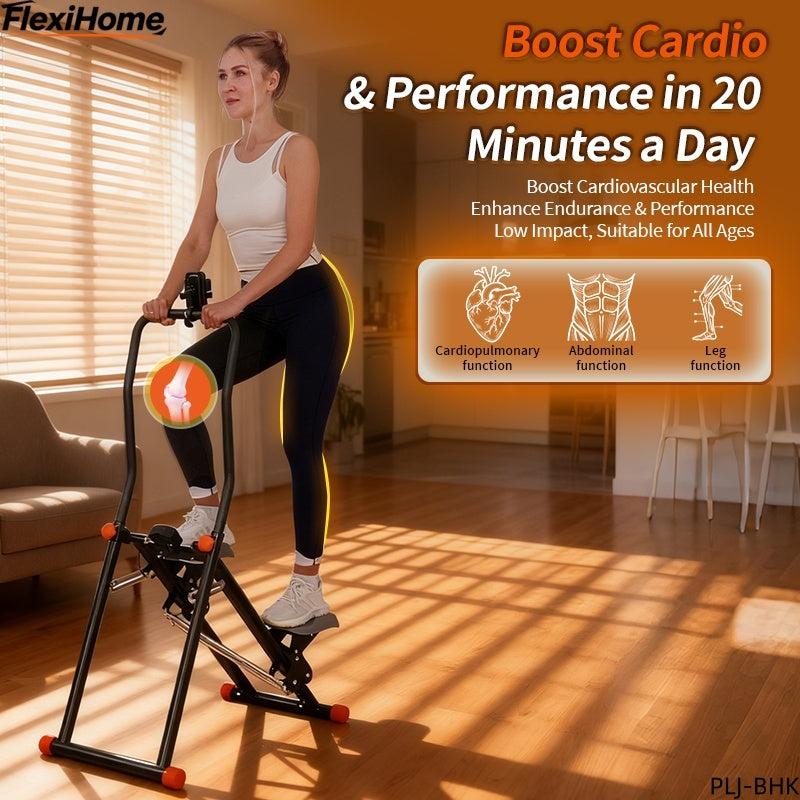 FlexiHome PLJ-BHK Stair Climber in a  indoor setting, featuring a model demonstrating cardio exercise that enhances leg, abdominal, and cardiopulmonary function.