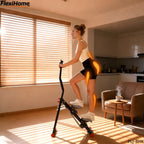 FlexiHome PLJ-BHK Stair Climber shown indoors with a warm-toned background, featuring a model standing on the machine demonstrating workout posture.
