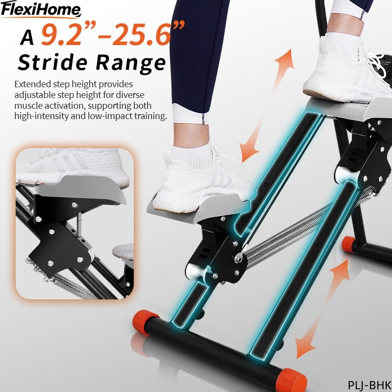 FlexiHome PLJ-BHK Staie Climber showing three adjustable pedal angles and customizable stride range for a comfortable and effective workout.
