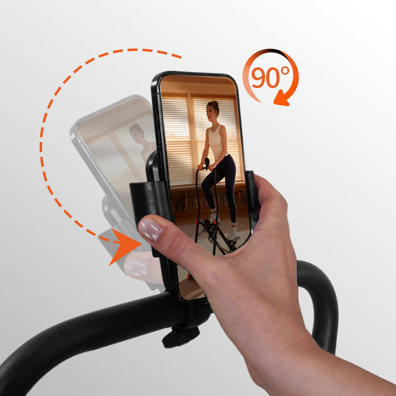 Close-up of FlexiHome PLJ-BHK stair climber adjustable phone holder, supporting both vertical and horizontal phone placement during workouts.