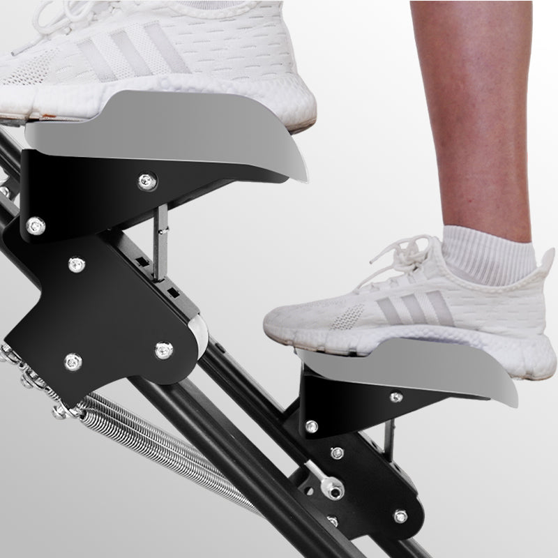 Side close-up of FlexiHome PLJ-BHK stair climber foot pedals, showing three-level adjustable incline for personalized workout intensity.