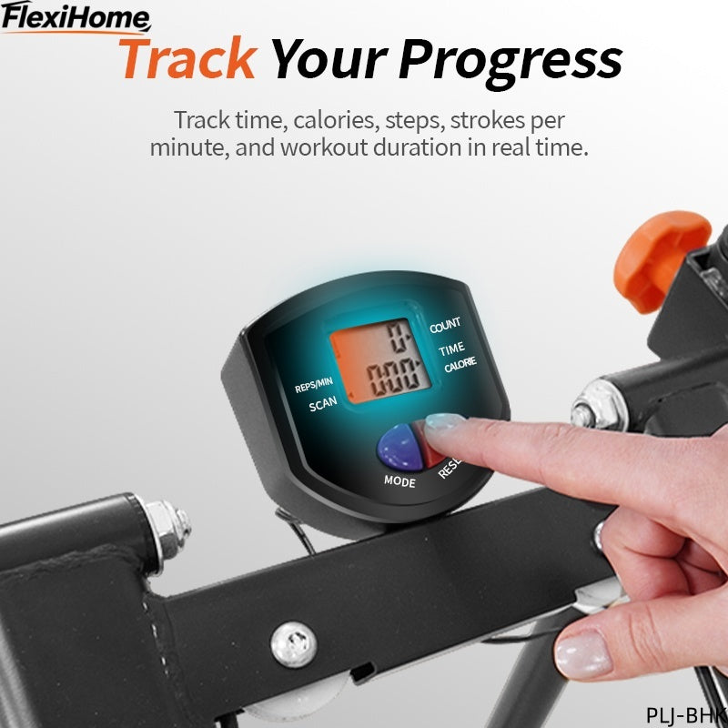FlexiHome PLJ-BHK Stair Climber
 digital monitor close-up showing real-time tracking of time, calories, steps, and strokes per minute with fingertip control.