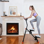 Model standing on FlexiHome PLJ-DYJK stair climber in warm-up position, preparing for full-body workout.