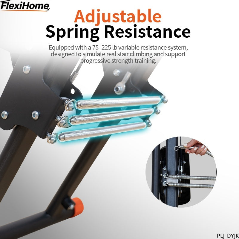 FlexiHome PLJ-DYJK stair climber with adjustable spring resistance system from 75–225 lbs, simulating real stair climbing and progressive strength training.