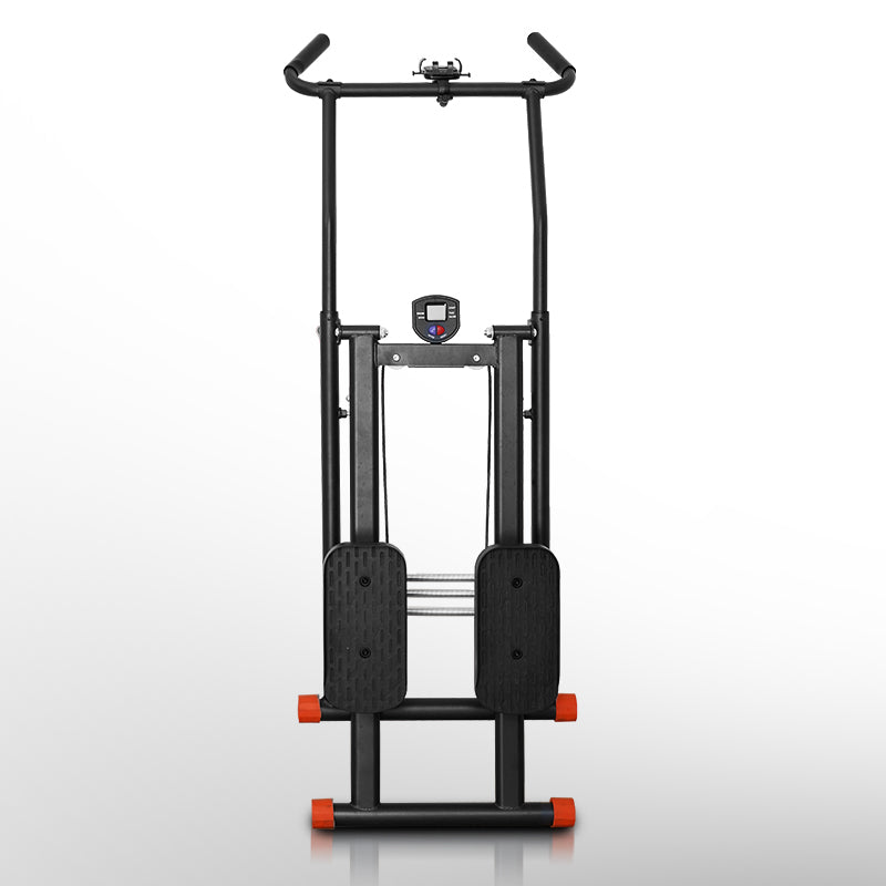 Front view of the PLJ-DYJK stair climber in its folded position, showcasing its compact structure and space-saving storage design.