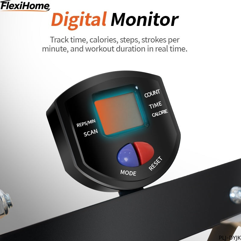FlexiHome PLJ-DYJK Smart Stair Stepper with digital monitor showing time, calories, step count, and strokes per minute for real-time workout tracking.
