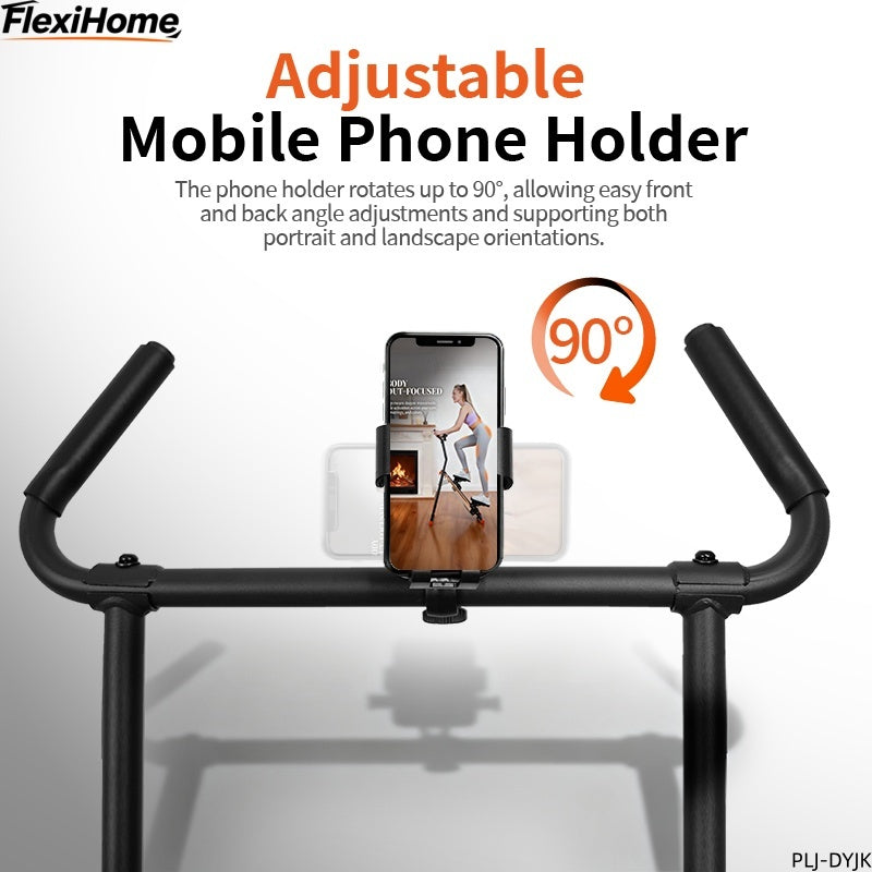 FlexiHome PLJ-DYJK Stair Climber with adjustable 90° mobile phone holder for both portrait and landscape viewing, enabling convenient workout video guidance.