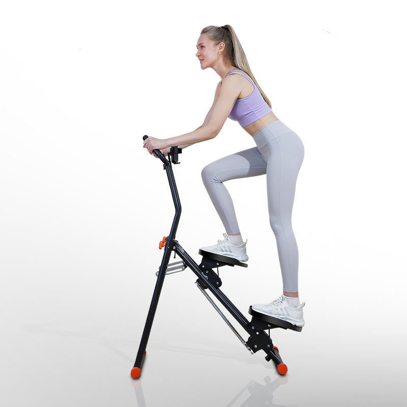 Woman using the Stair Climber PLJ-DYJK for a home workout, demonstrating climbing motion and ergonomic handle design on a white background.