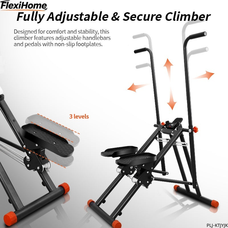 FlexiHome PLI-KTJYJK stair climber showing 3 adjustable pedal height levels and customizable handlebar angles for a secure, ergonomic workout.