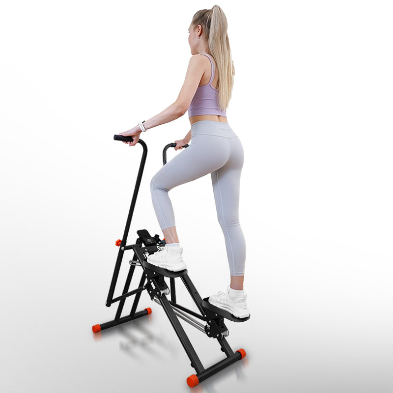 Side view of FlexiHome Stair Climber PLJ-KTJYJK featuring a model using the machine to demonstrate its ergonomic design, sturdy frame, and smooth climbing motion.