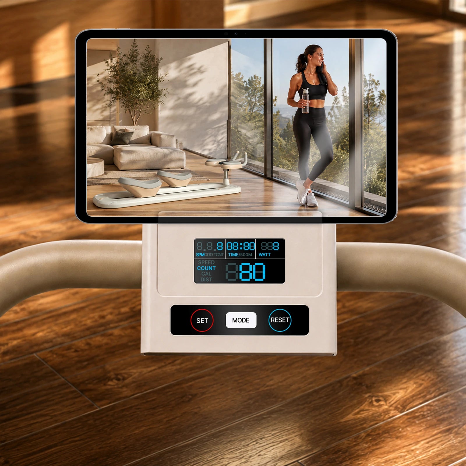 Workout display and device holder on magnetic stair climber