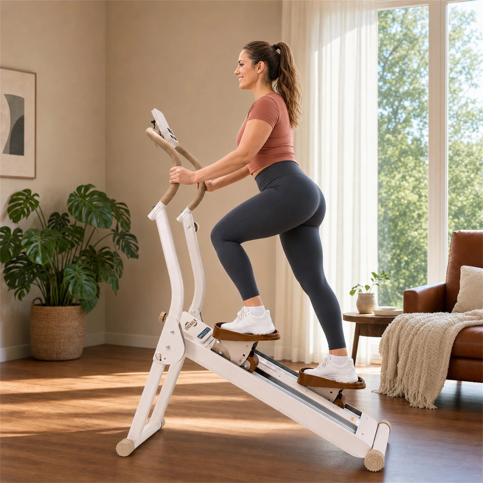 Woman using magnetic stair climber in a bright home workout space