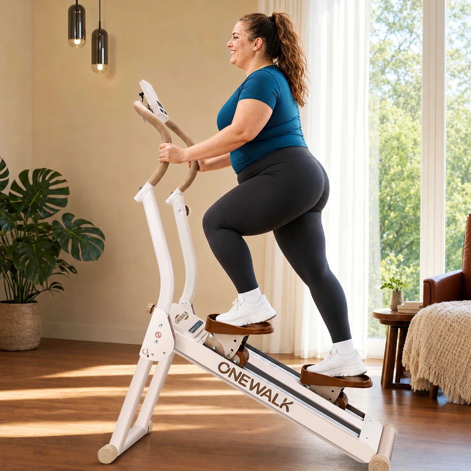 Woman using high-capacity magnetic stair climber at home