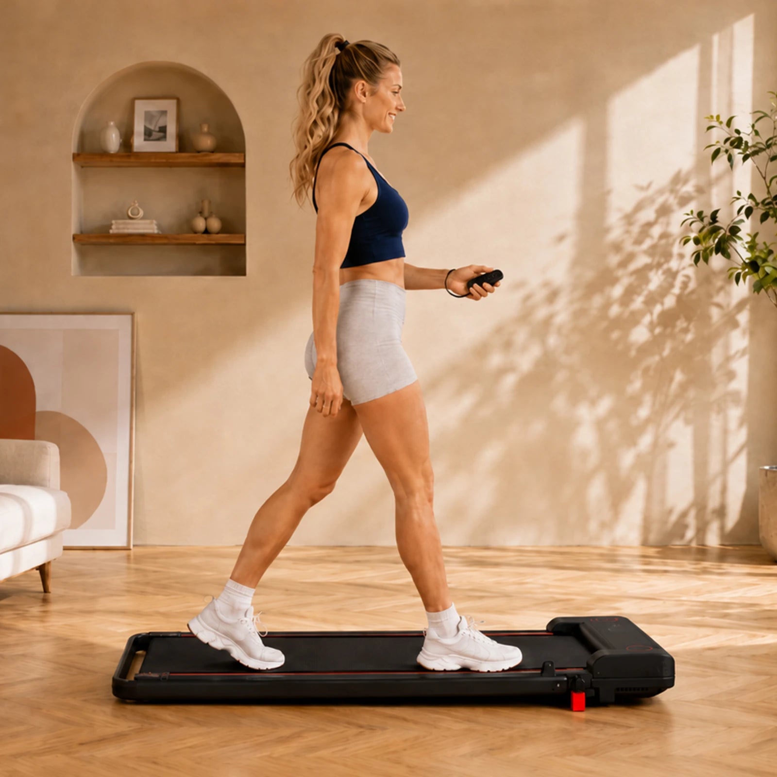 Woman walking on FlexiHome walking pad at home