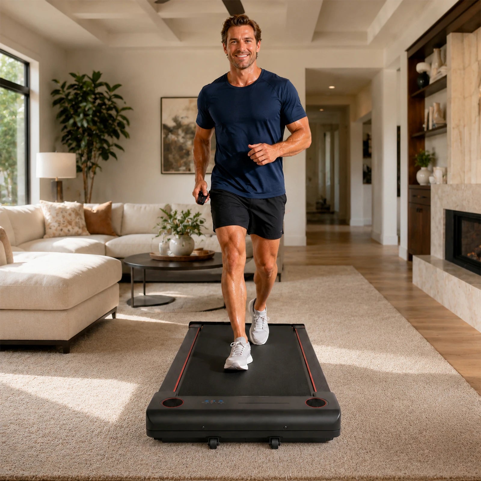 Man using compact walking pad in living room