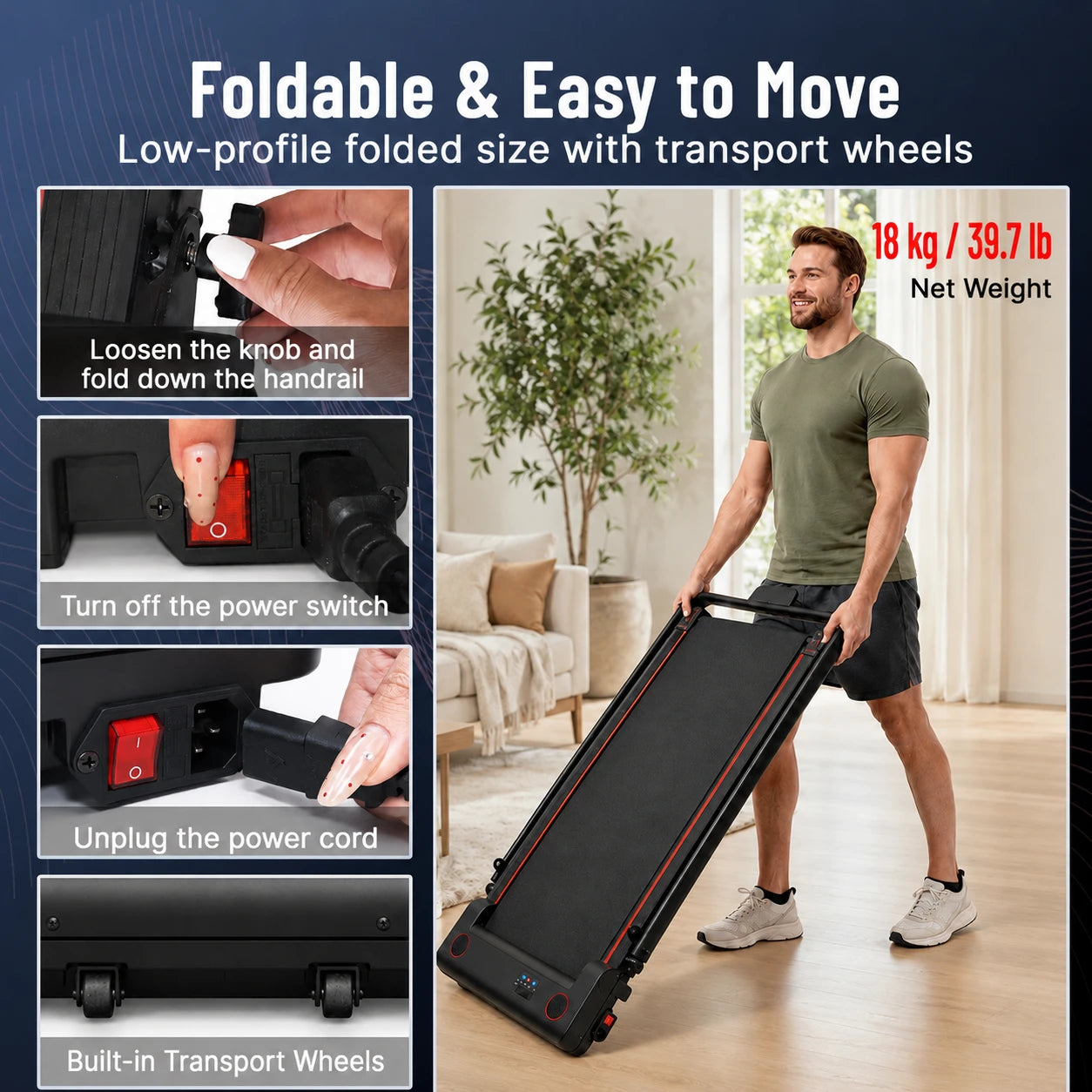 Foldable walking pad with transport wheels