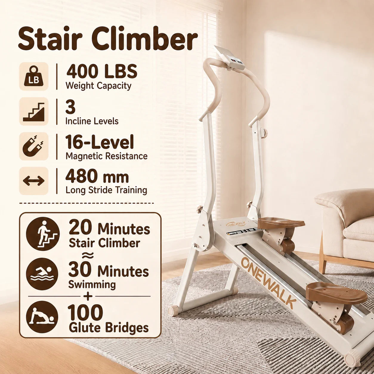 Magnetic stair climber specs with 16 resistance levels and long stride
