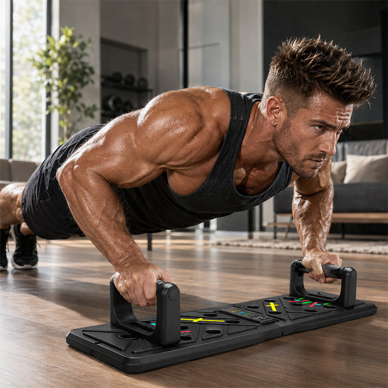 Athlete using push-up board in gym